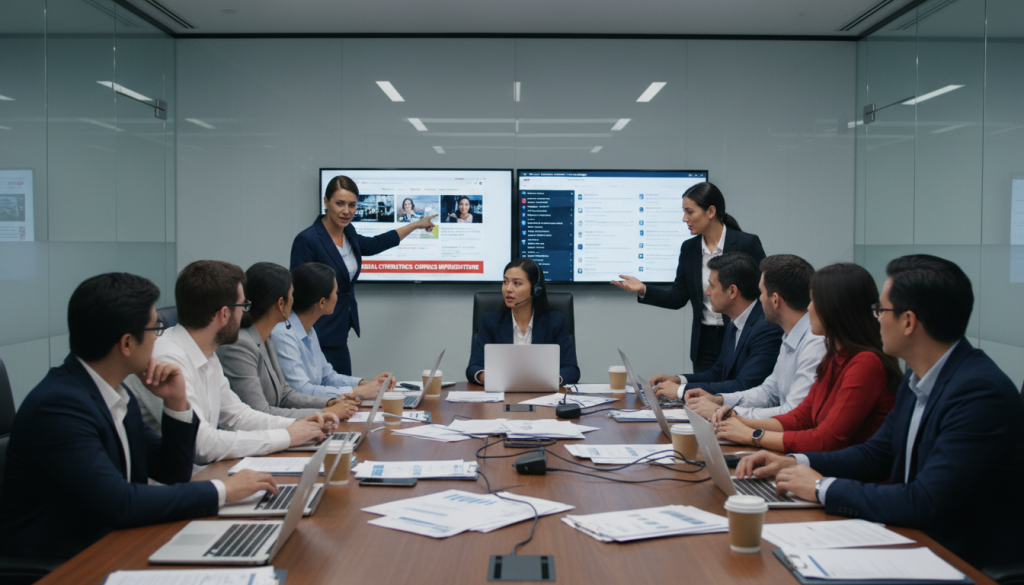 Crisis communications team in action during an emergency meeting
