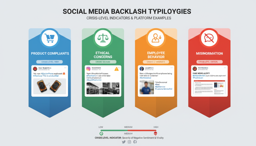 Social media backlash types showing different crisis scenarios on various platforms