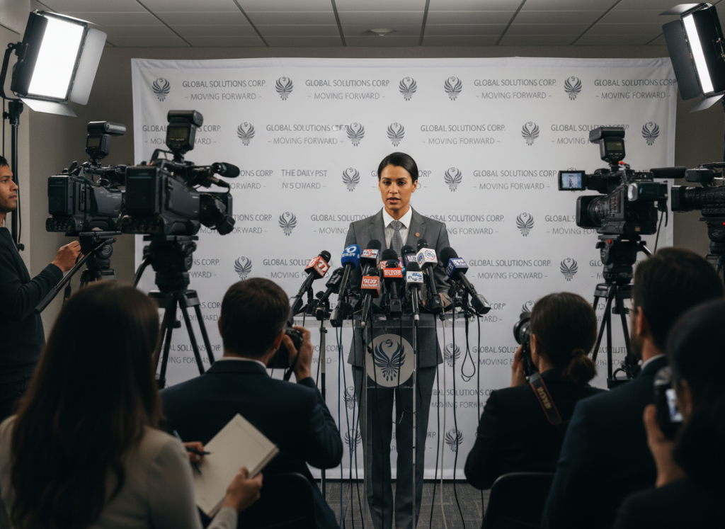 Spokesperson delivering a crisis statement to media